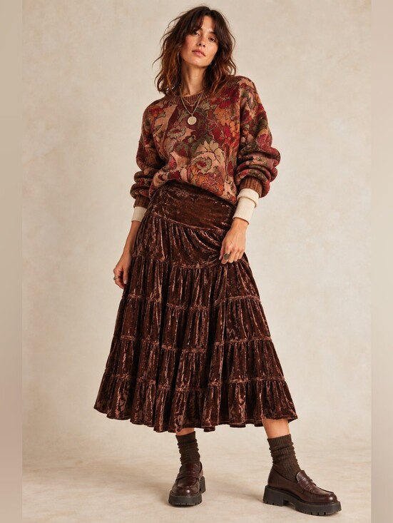 Silvergate Dresses & Skirts - VINTAGE SILVERGATE CRUSHED VELVET TIERED MIDI SKIRT BROWN BOHO WHIMSIGOTH M